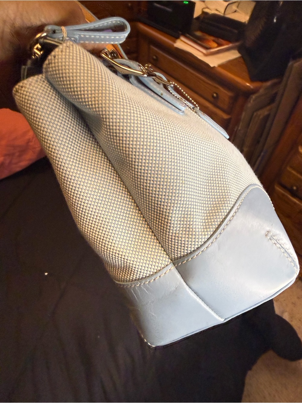 Coach Hamptons Vintage Canvas & Leather Tote Bag Y2K Baby Blue Zip Top #1842 - Picture 12 of 16